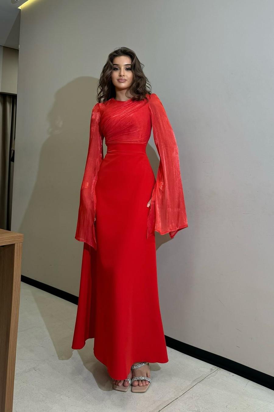 Brown Sheath/Column Prom Dress Long Sleeve Crew Neck Satin Formal Dress