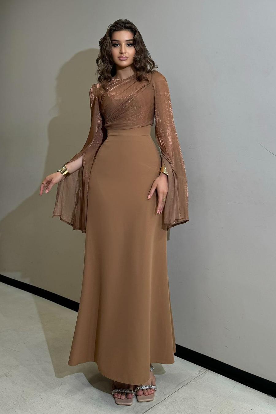 Brown Sheath/Column Prom Dress Long Sleeve Crew Neck Satin Formal Dress