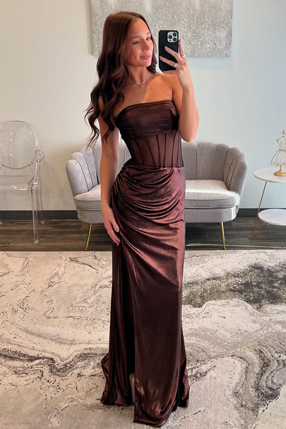 Brown Strapless Mermaid Prom Dress With Long Metallic And High Slit Formal Evening Gown