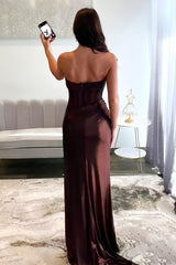 Brown Strapless Mermaid Prom Dress With Long Metallic And High Slit Formal Evening Gown