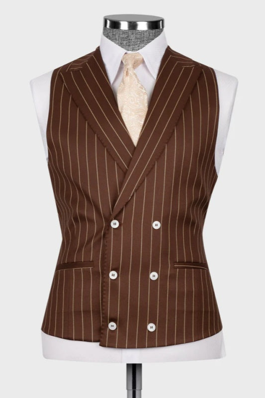 Brown Striped Peaked Lapel 3 Piece Business Men's Suit