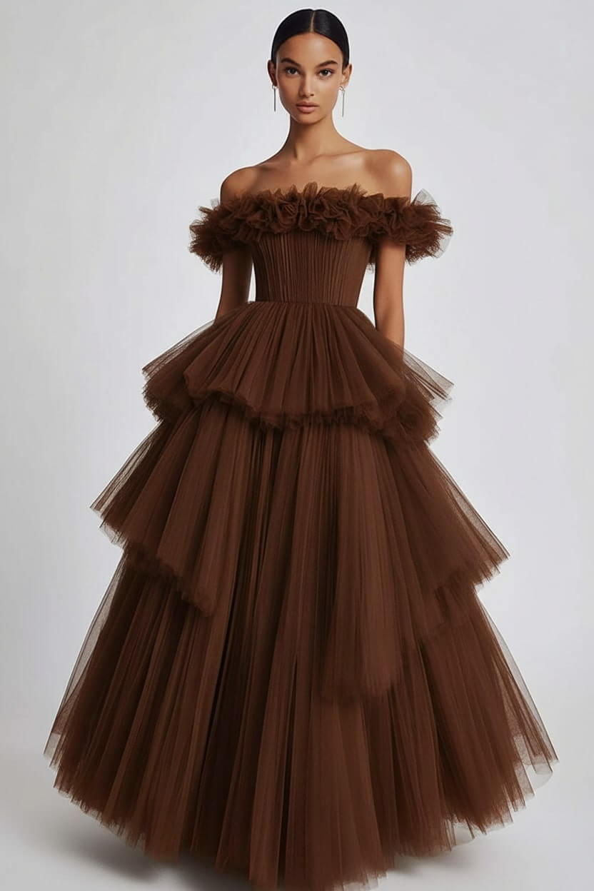 Dusty Sage Formal Dress Tulle Off The Shoulder Ball Gown Wedding Guest Dress With Ruffles