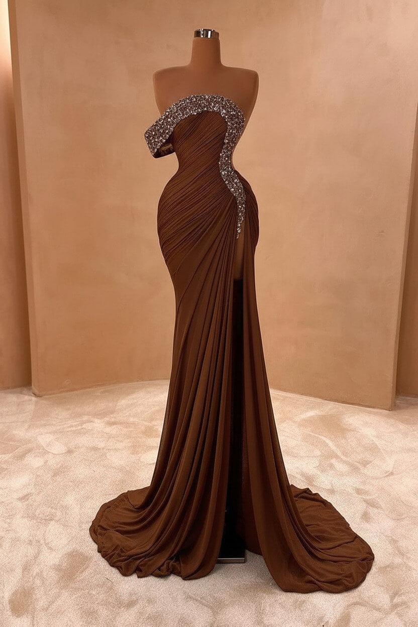 Blue Mermaid Prom Dress Cap Sleeve One Shoulder Formal Dress With Beadings and Rhinestones