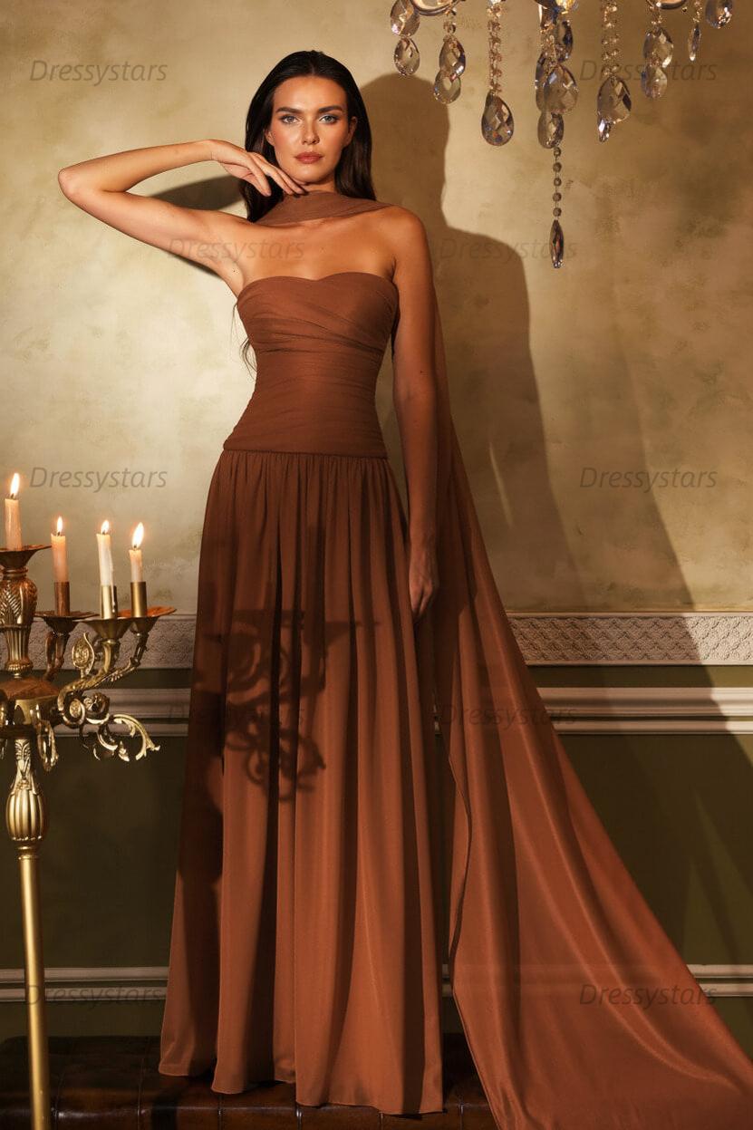 Orange A Line Prom Dress Sleeveless Strapless Formal Dress