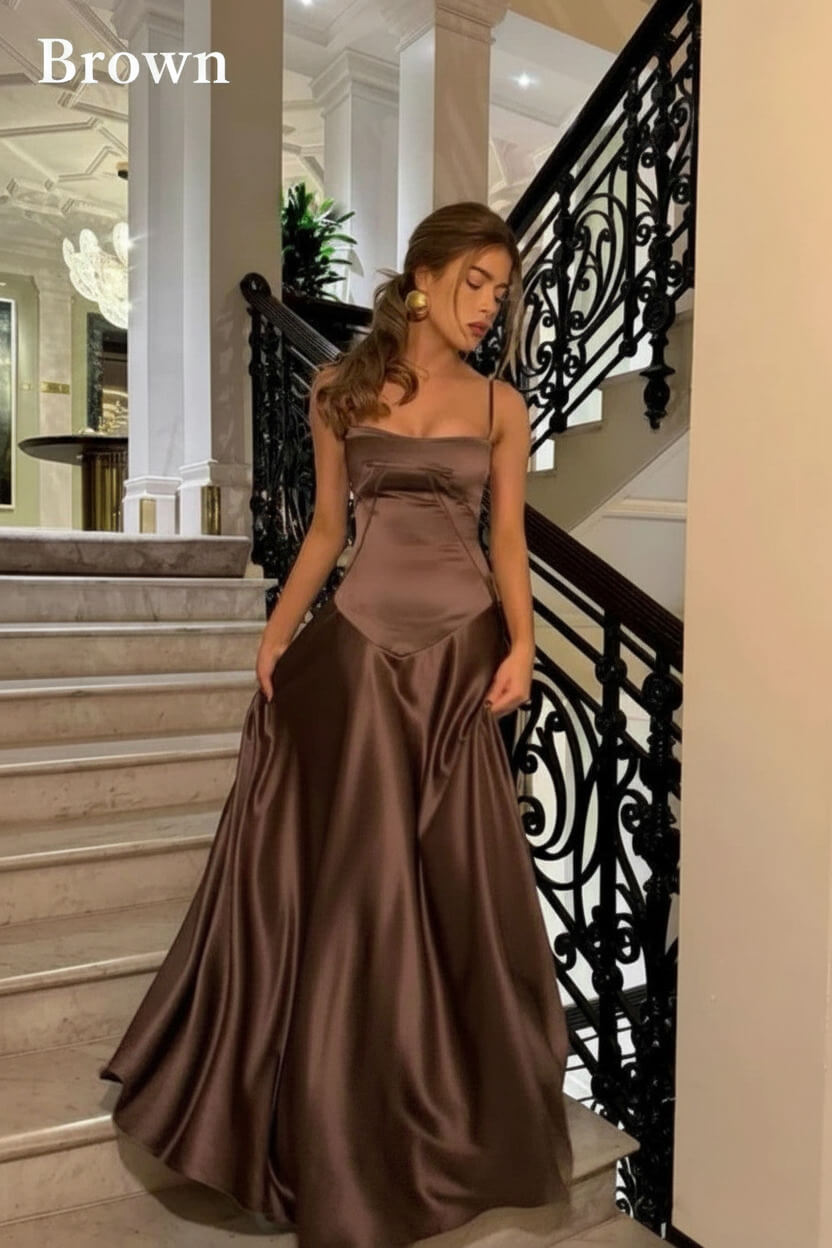 Dressystars Brown Luxe Silk-Look Long Evening Dress With Fitted Bodice Formal Evening Gown