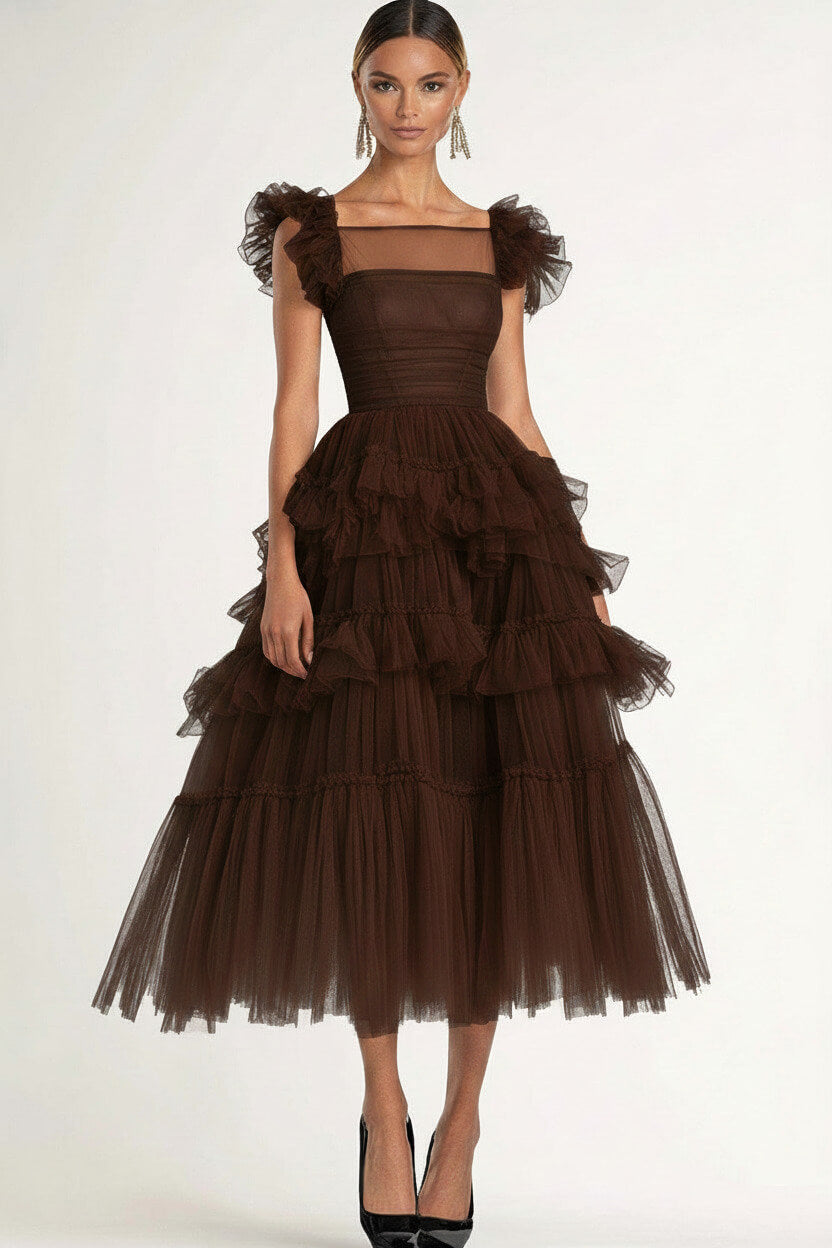 Dressystars Tea Length Black Wedding Guest Dress A-Line Flatter Sleeves Tulle Formal Dress With Ruffles