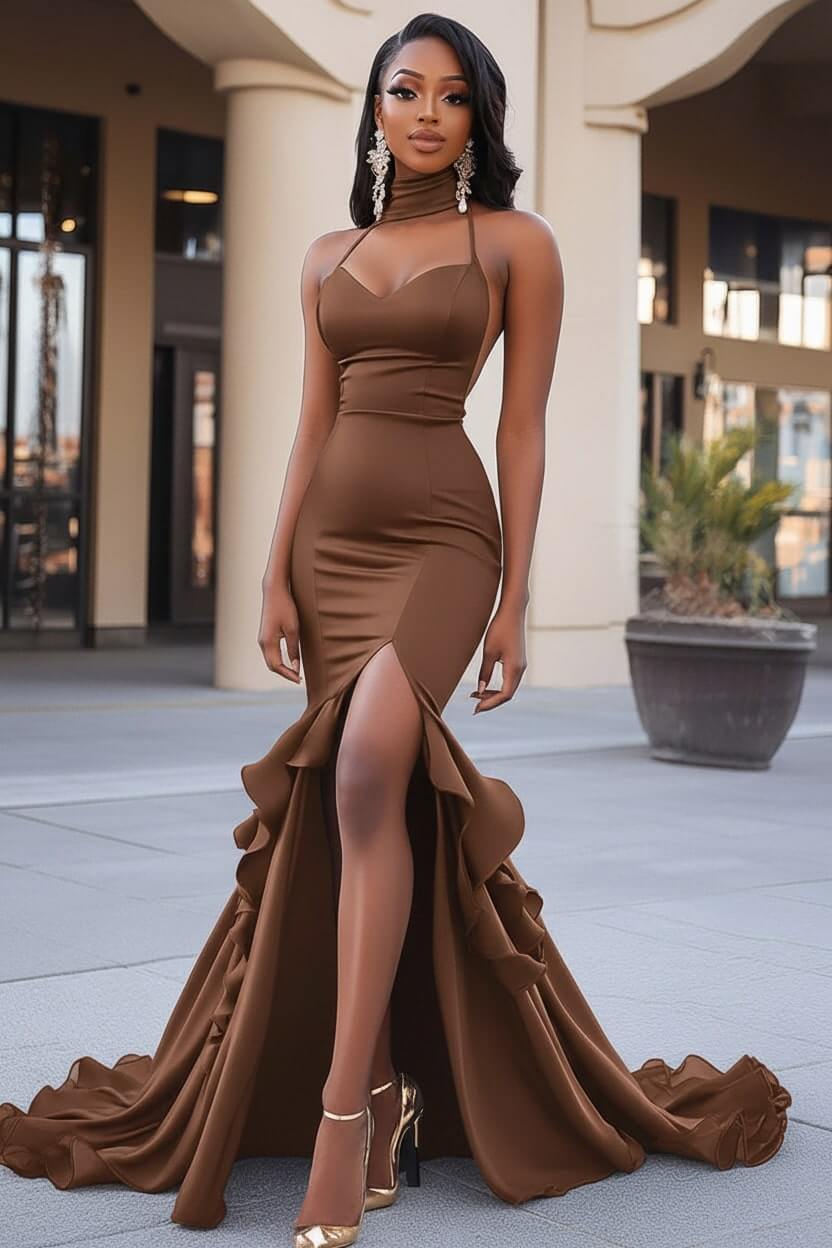Dressystars Black Wedding Guest Dress Ruffled Mermaid Long Prom Dress With Slit