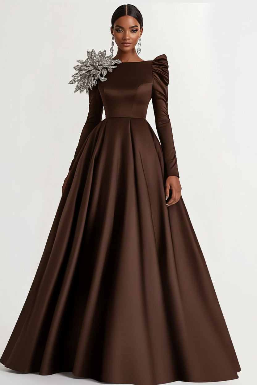 Dressystars A-Line Long Black Wedding Guest Dress Satin Boat Neck Formal Dress With Long Sleeves