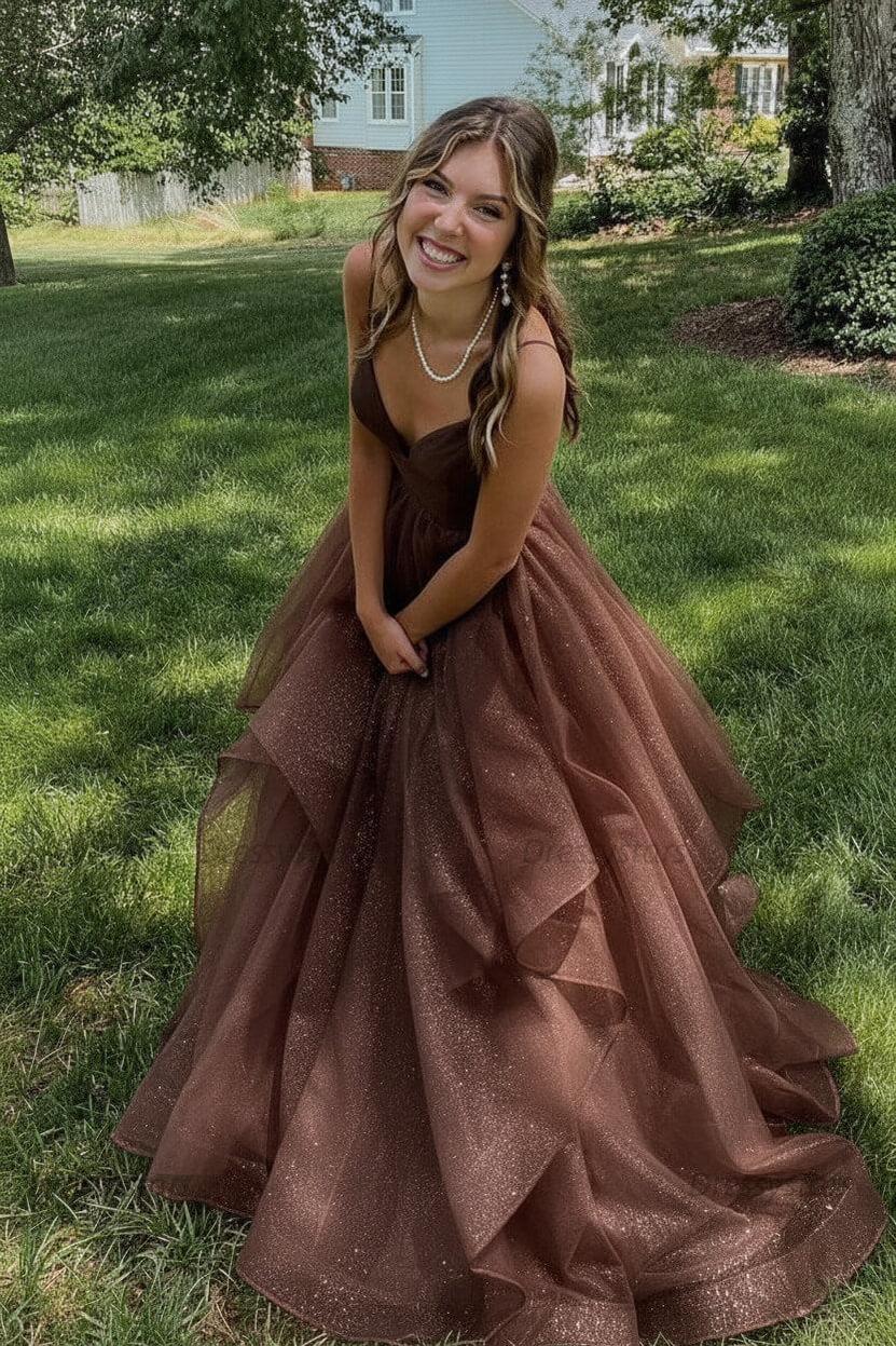 Pink Prom Dress V Neck Tulle Long Formal Evening Dress