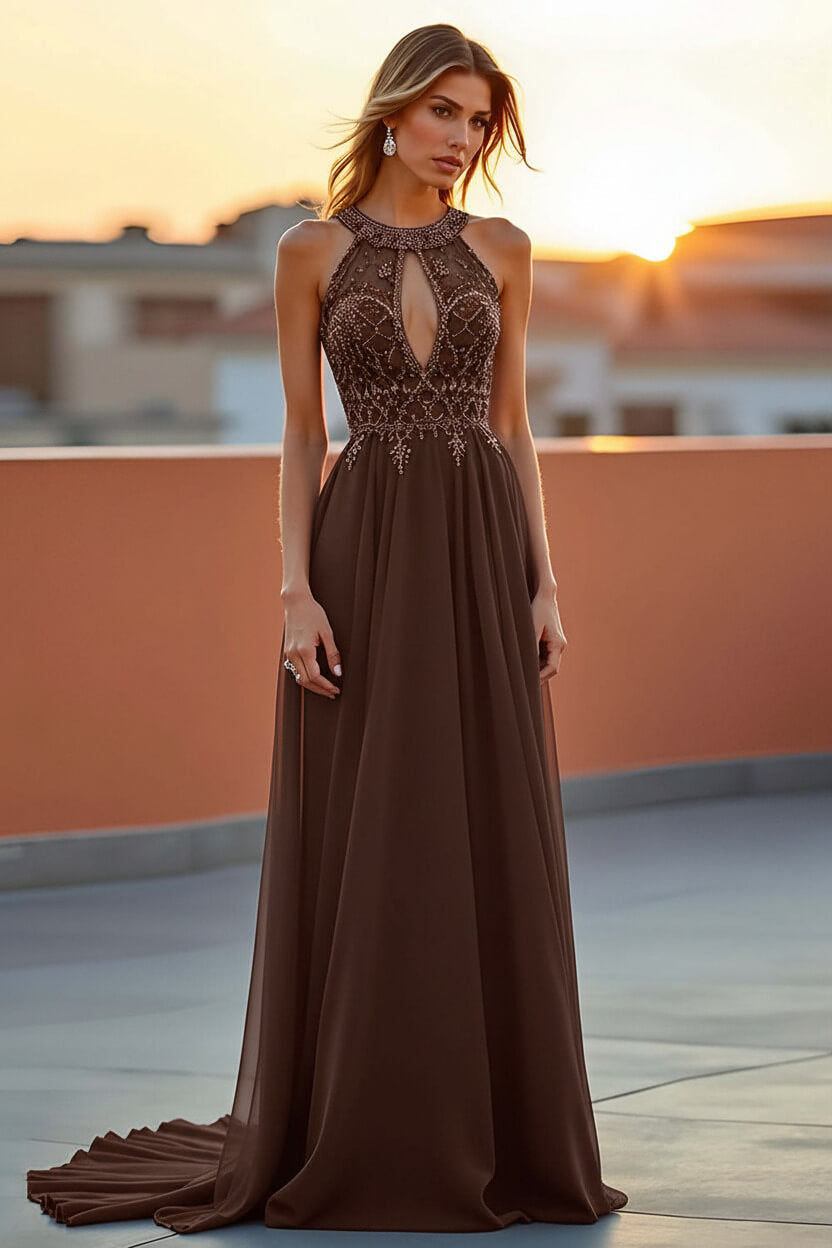 Dressystars Beaded Navy Wedding Guest Dress Halter Long Formal Dress With Embroideries