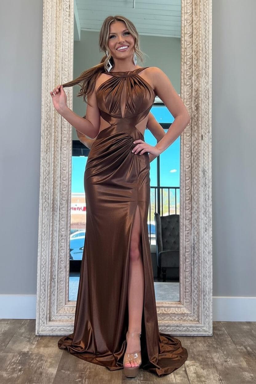 Fuchsia Metallic Mermaid Prom Dress With Slit And Open Back Formal Evening Gown