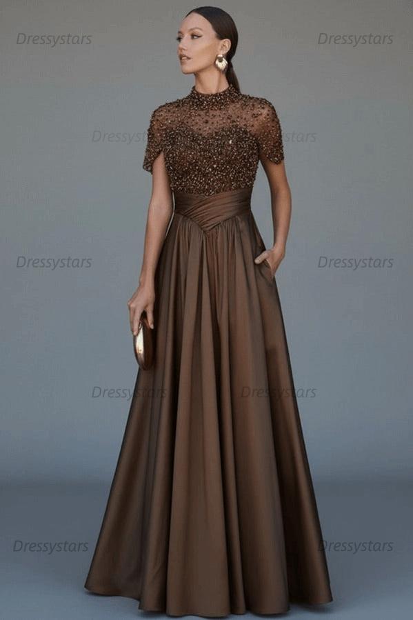 Green A Line Prom Dress Short Sleeve High Neck Formal Dress With Beadings and Rhinestones