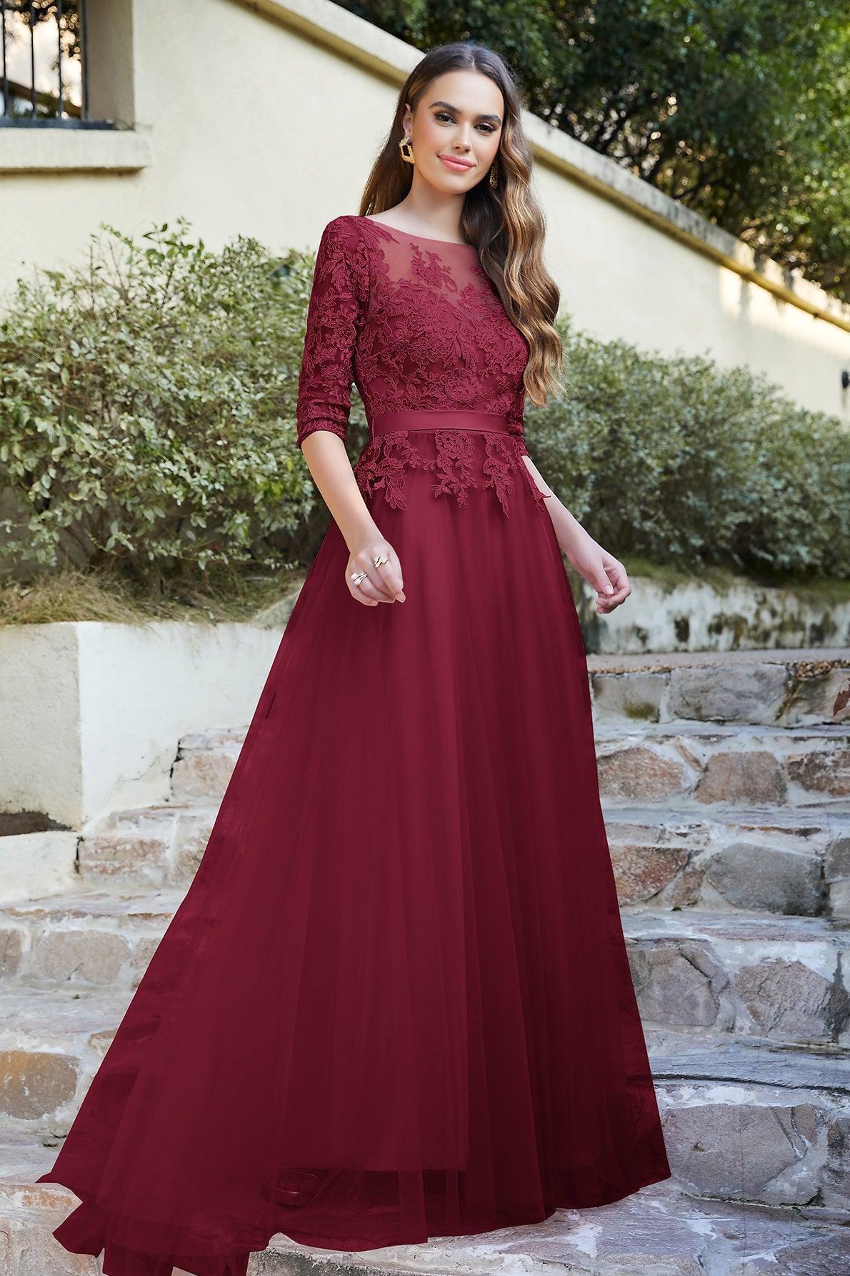 Dressystars Women Burgundy Bateau Neck Mother of the Bride Dress 3/4 Sleeve Evening Dress Dressystars Women Burgundy Bateau Neck Mother of the Bride Dress 3/4 Sleeve Evening Dress