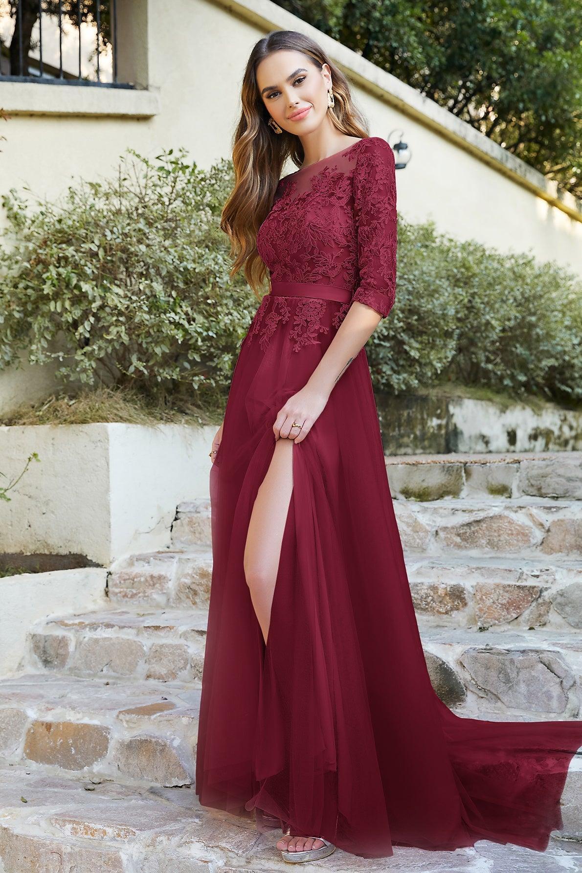 Dressystars Women Burgundy Bateau Neck Mother of the Bride Dress 3/4 Sleeve Evening Dress Dressystars Women Burgundy Bateau Neck Mother of the Bride Dress 3/4 Sleeve Evening Dress