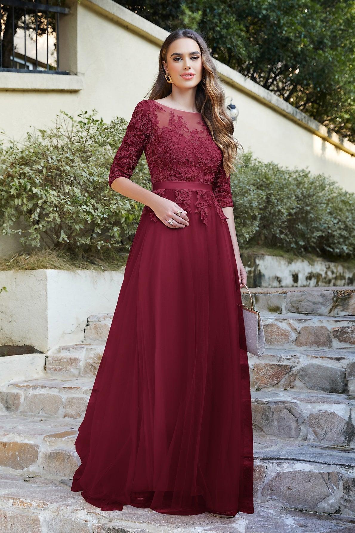 Dressystars Women Burgundy Bateau Neck Mother of the Bride Dress 3/4 Sleeve Evening Dress Dressystars Women Burgundy Bateau Neck Mother of the Bride Dress 3/4 Sleeve Evening Dress