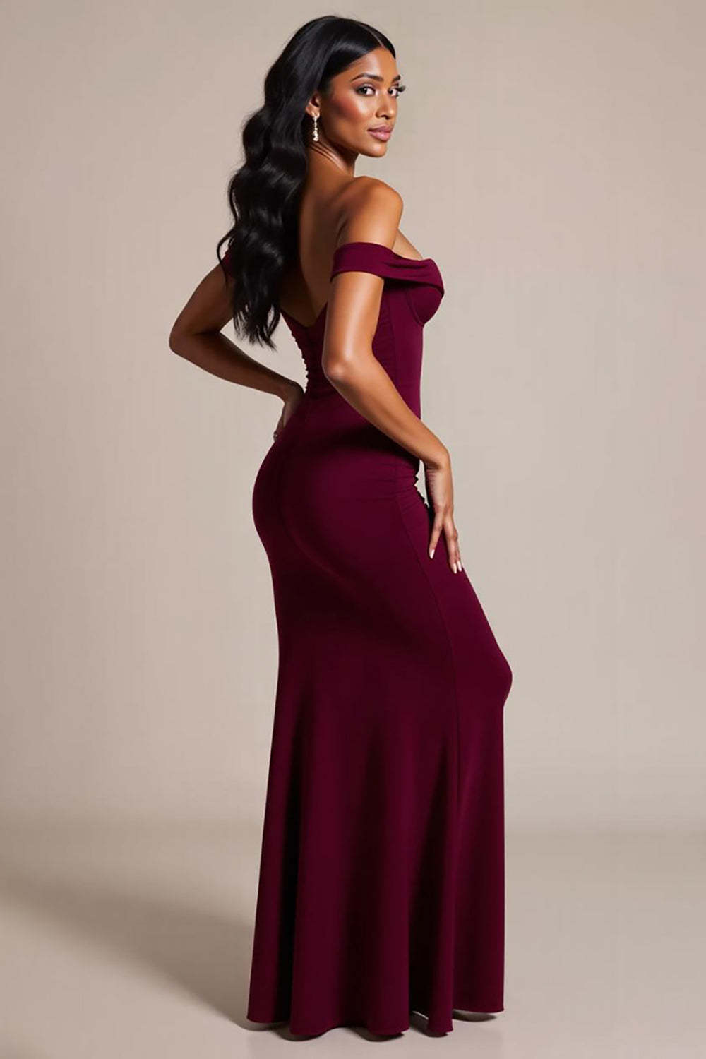 Burgundy Formal Dress Crepe Mermaid Off The Shoulder Long Wedding Guest Dress