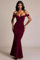 Burgundy Formal Dress Crepe Mermaid Off The Shoulder Long Wedding Guest Dress