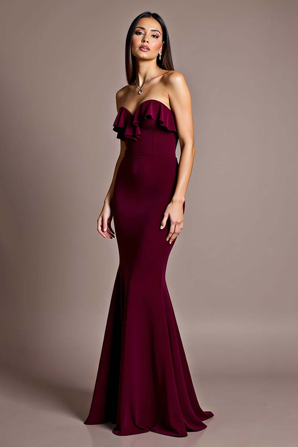 Burgundy Formal Dress Satin Mermaid Backless Strapless Wedding Guest Dress