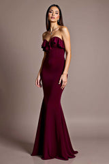 Burgundy Formal Dress Satin Mermaid Backless Strapless Wedding Guest Dress