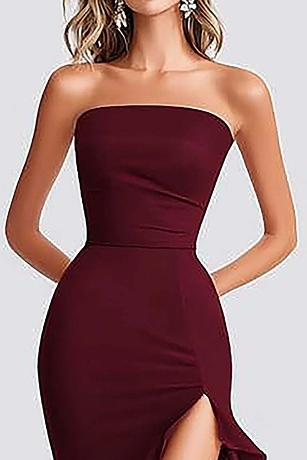 Burgundy Formal Dress Satin Mermaid Strapless Ruffled Long Wedding Guest Dress With Slit