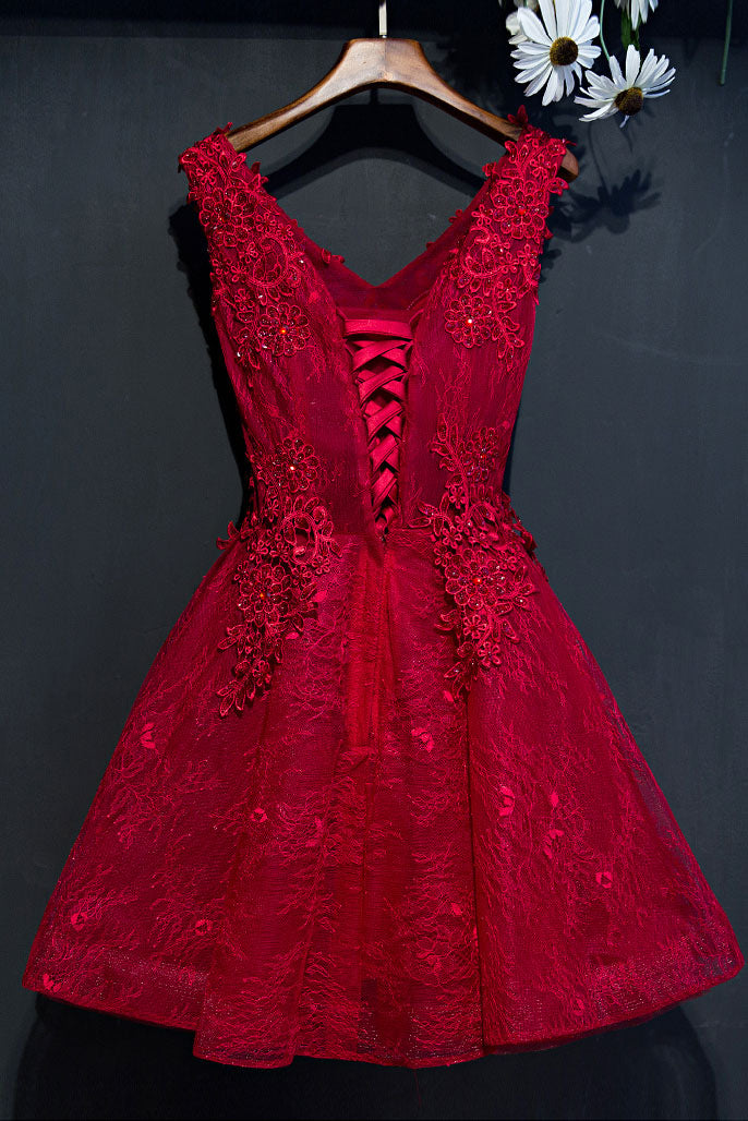 Burgundy Homecoming Dress V Neck Lace Short Party Cocktail Dress