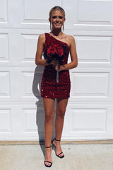 Burgundy Homecoming Dresses Sequin One Shoulder Tight Short Cocktail Dresses