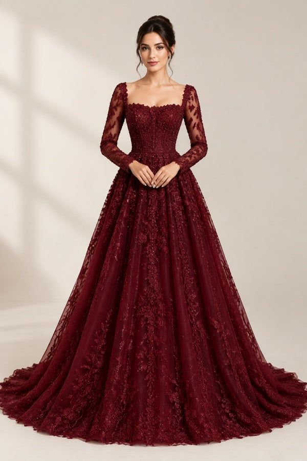 Burgundy Lace A Line Wedding Dress with Long Sleeves and Beaded Corset Bodice