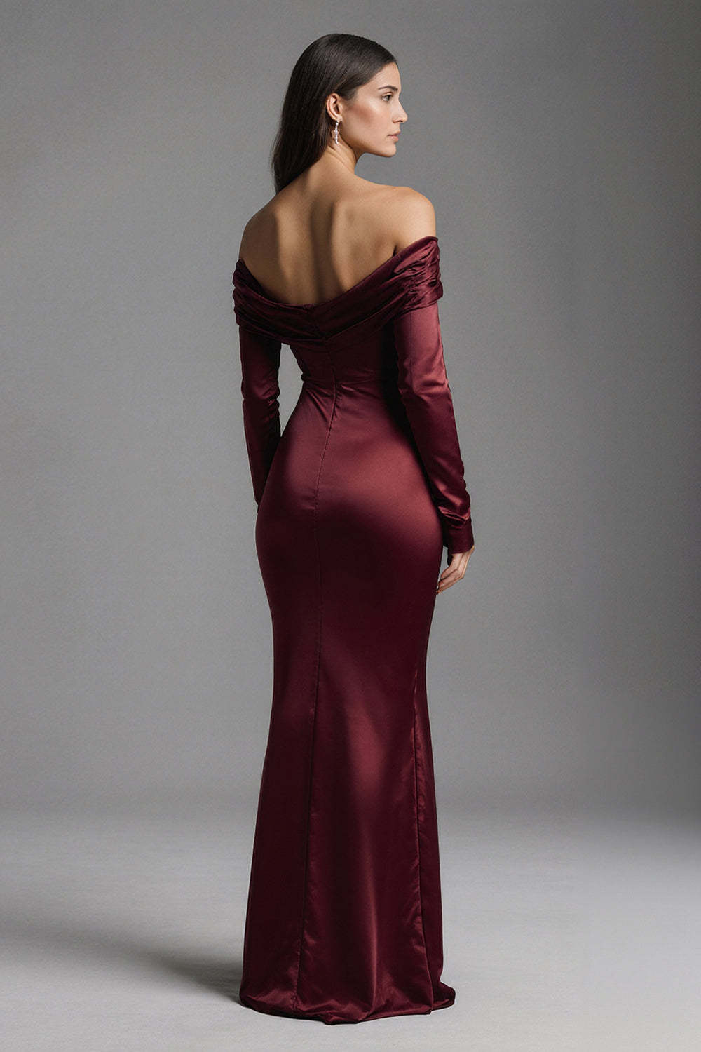 Dressystars Burgundy Mermaid Off The Shoulder Long Satin Evening Dress With Slit