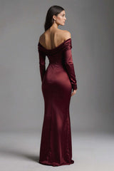Dressystars Burgundy Mermaid Off The Shoulder Long Satin Evening Dress With Slit