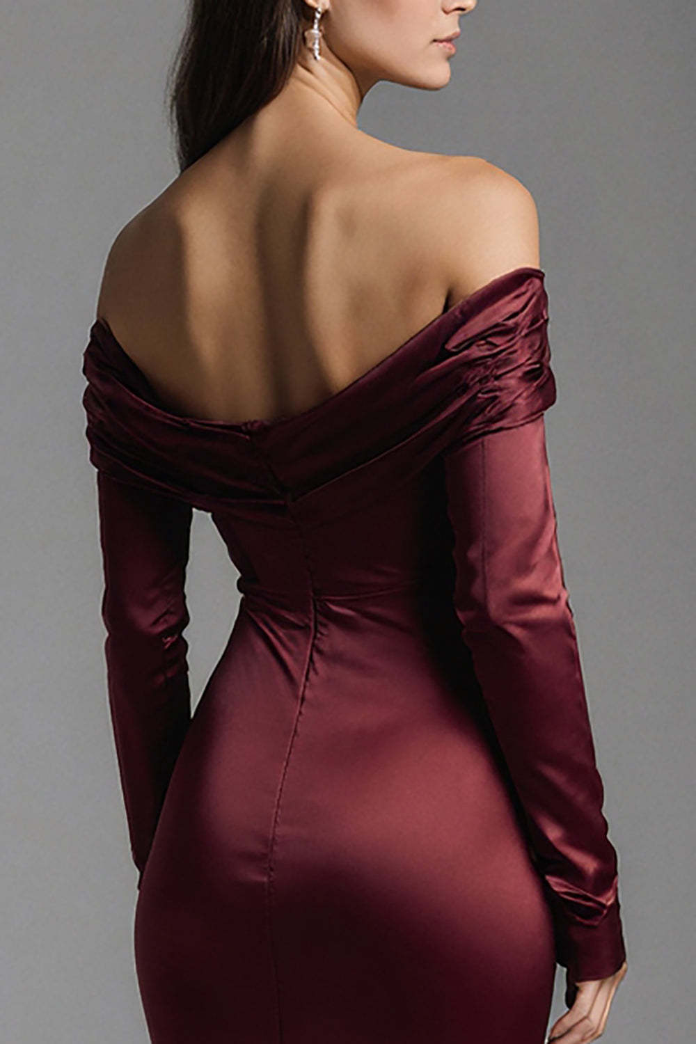 Dressystars Burgundy Mermaid Off The Shoulder Long Satin Evening Dress With Slit