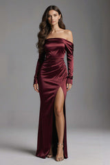Dressystars Burgundy Mermaid Off The Shoulder Long Satin Evening Dress With Slit