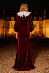 Dressystars Burgundy Mermaid Peter Pan Collar Long Velvet Holiday Party Dress