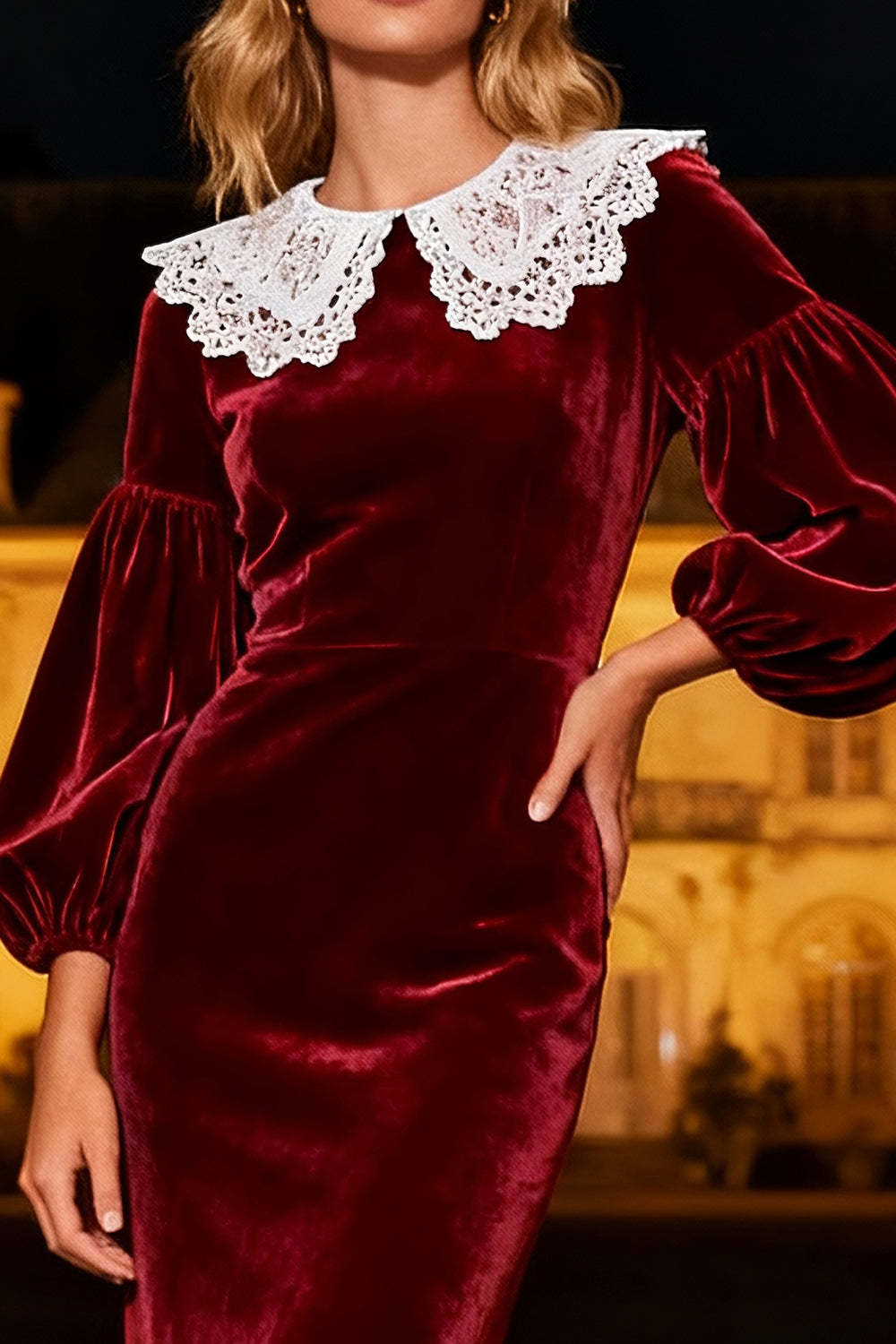 Dressystars Burgundy Mermaid Peter Pan Collar Long Velvet Holiday Party Dress