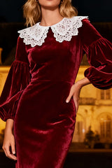 Dressystars Burgundy Mermaid Peter Pan Collar Long Velvet Holiday Party Dress
