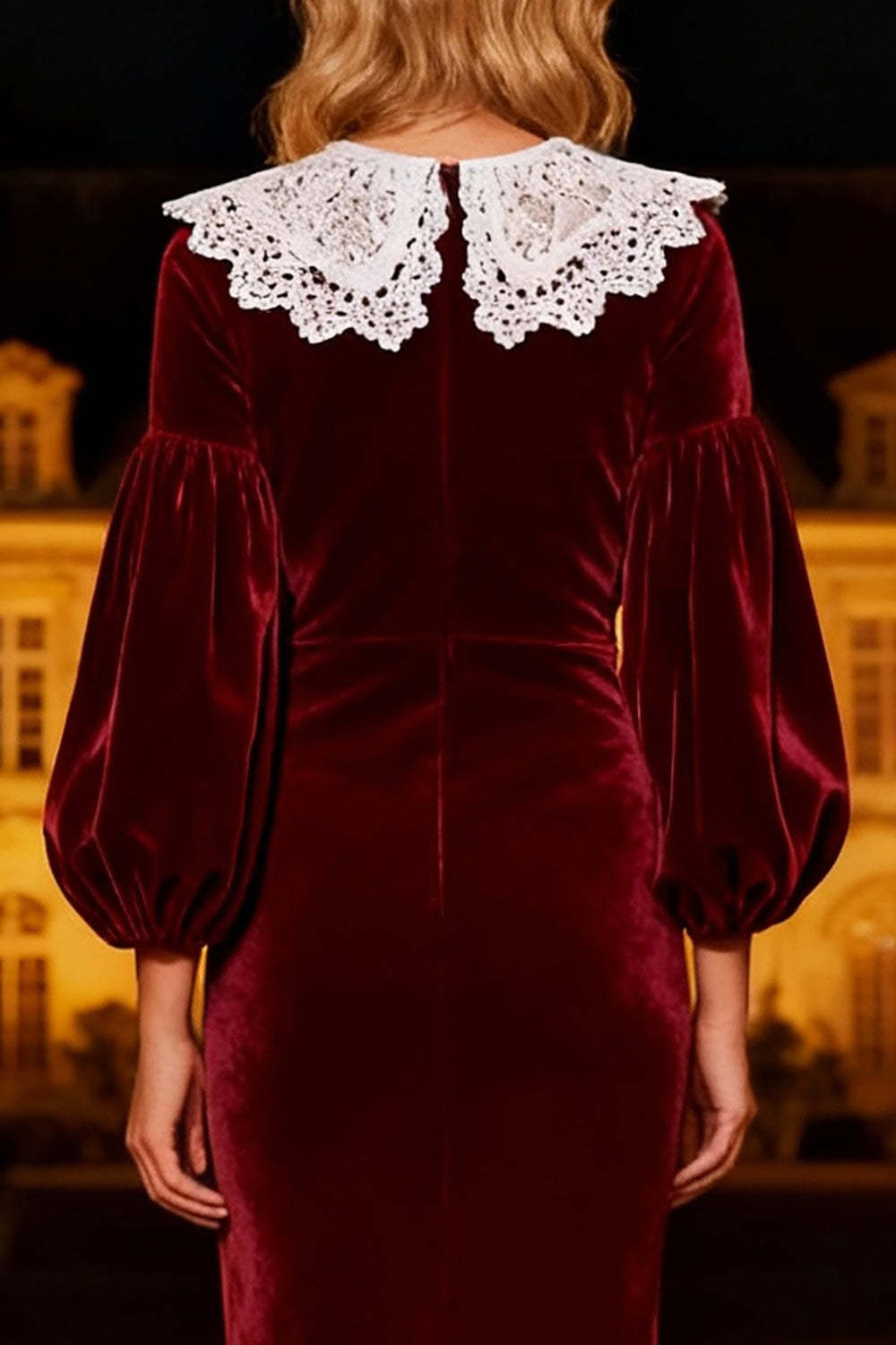 Dressystars Burgundy Mermaid Peter Pan Collar Long Velvet Holiday Party Dress