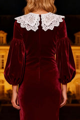 Dressystars Burgundy Mermaid Peter Pan Collar Long Velvet Holiday Party Dress