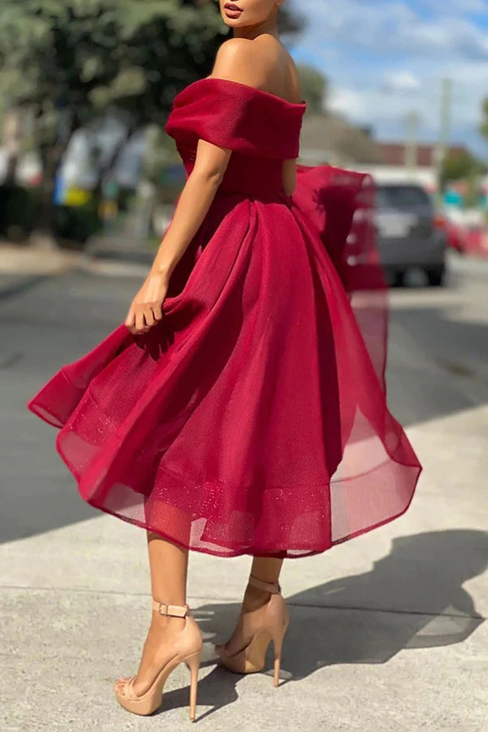 Burgundy Off The Shoulder Wedding Guest Dress A Line Prom Dress