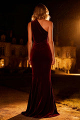 Dressystars Burgundy One Shoulder Mermaid Keyhole Long Velvet Holiday Party Dress