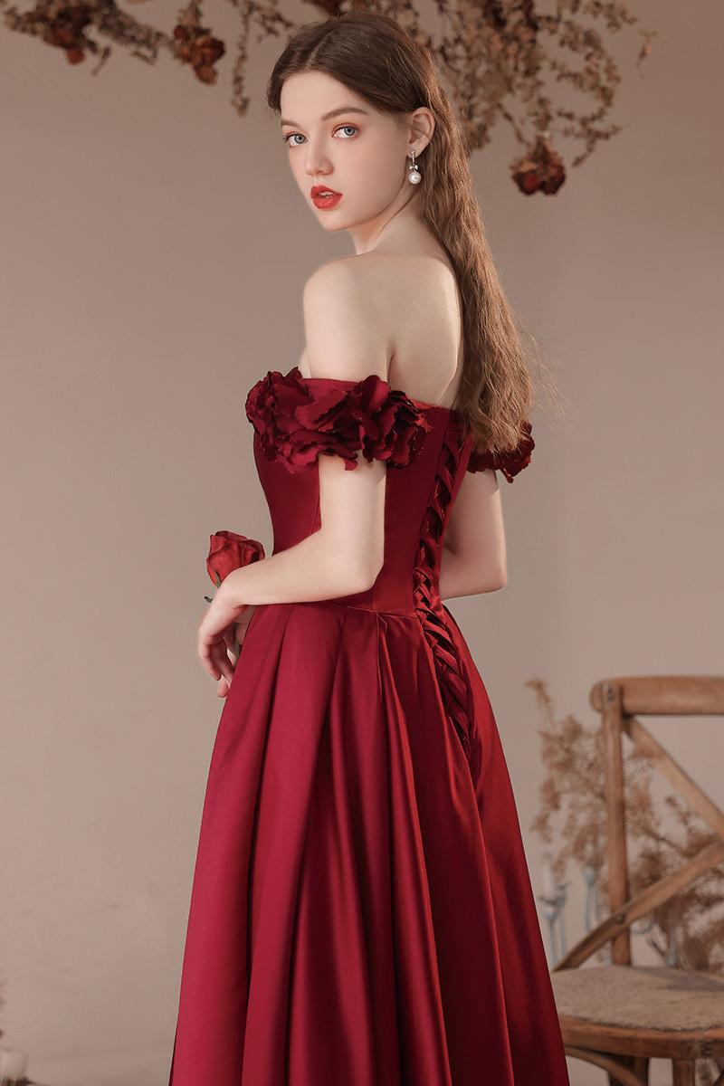 Burgundy Prom Dress A Line Off the Shoulder Satin Long Formal Evening Dress