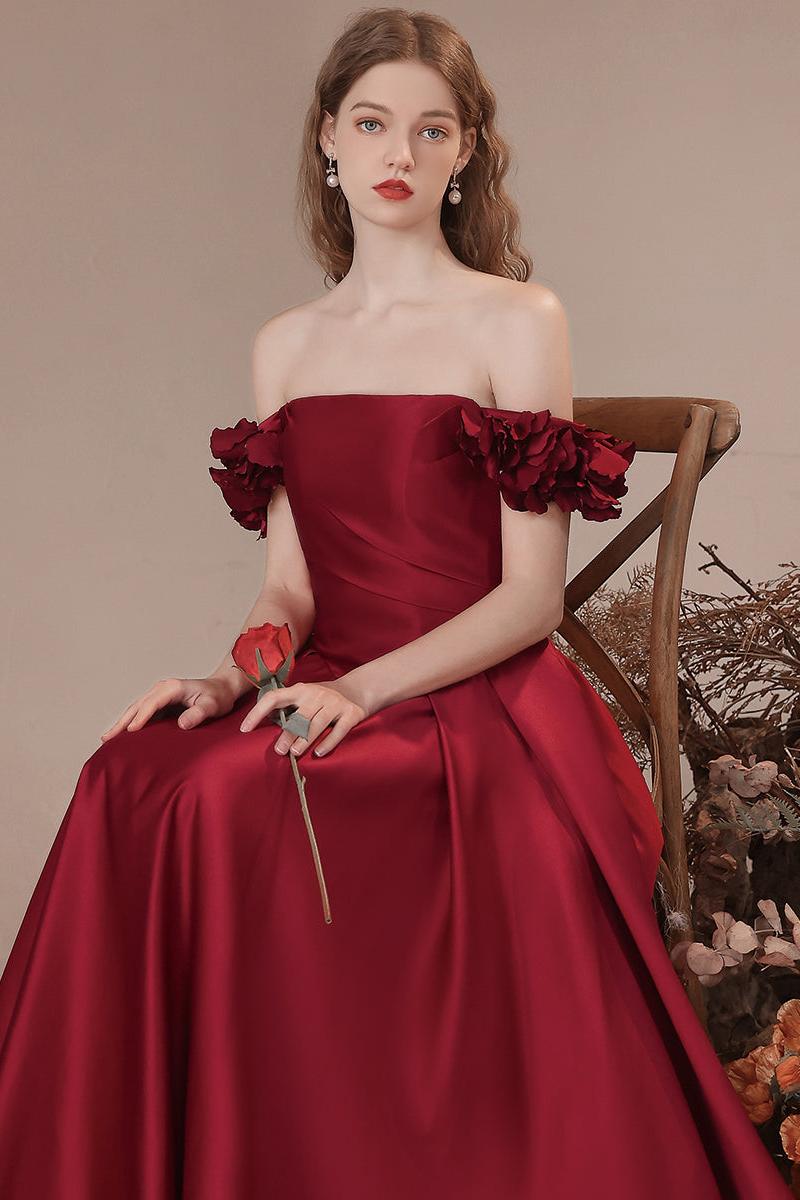 Burgundy Prom Dress A Line Off the Shoulder Satin Long Formal Evening Dress