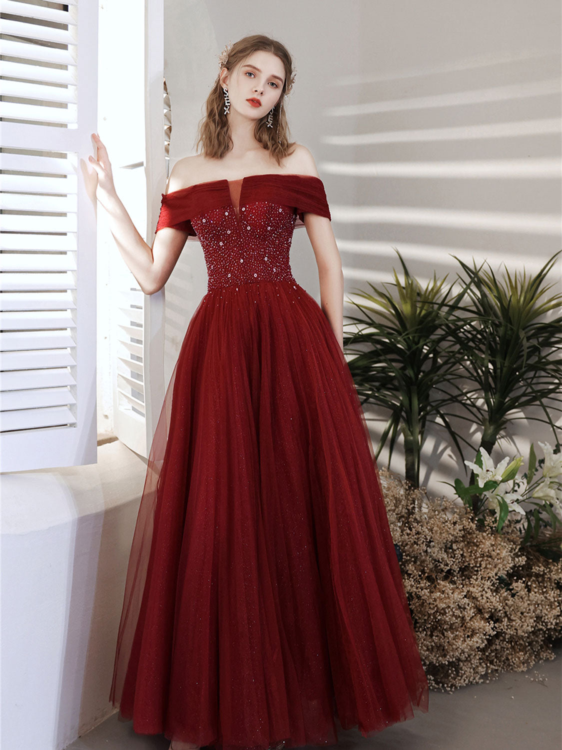 Burgundy Prom Dress A Line Sequin Beaded Long Formal Gown Evening Dress