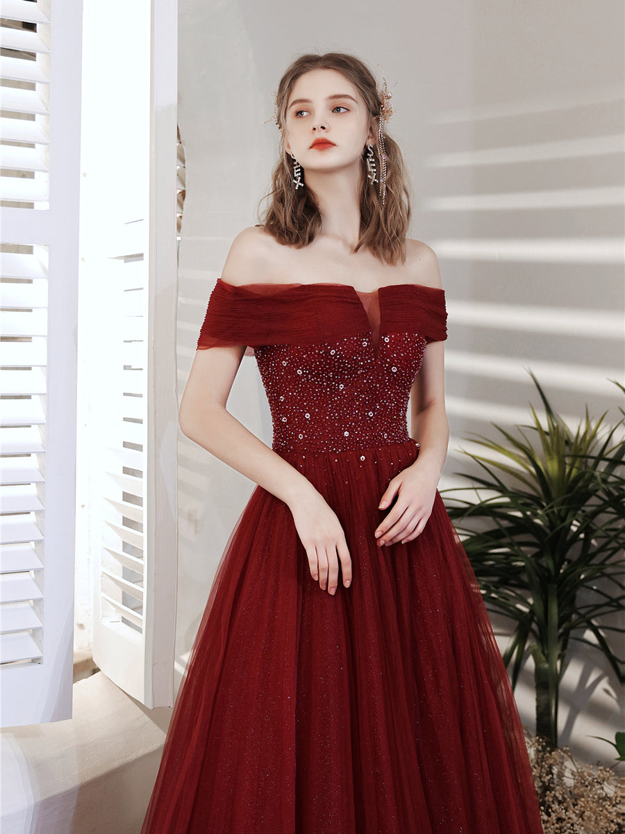 Burgundy Prom Dress A Line Sequin Beaded Long Formal Gown Evening Dress