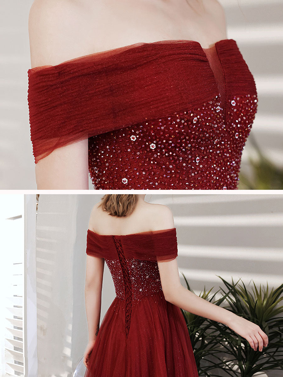 Burgundy Prom Dress A Line Sequin Beaded Long Formal Gown Evening Dress