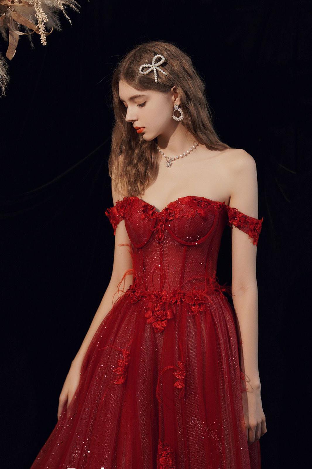 Burgundy Prom Dress A Line Tulle Long Evening Gown Evening Dress