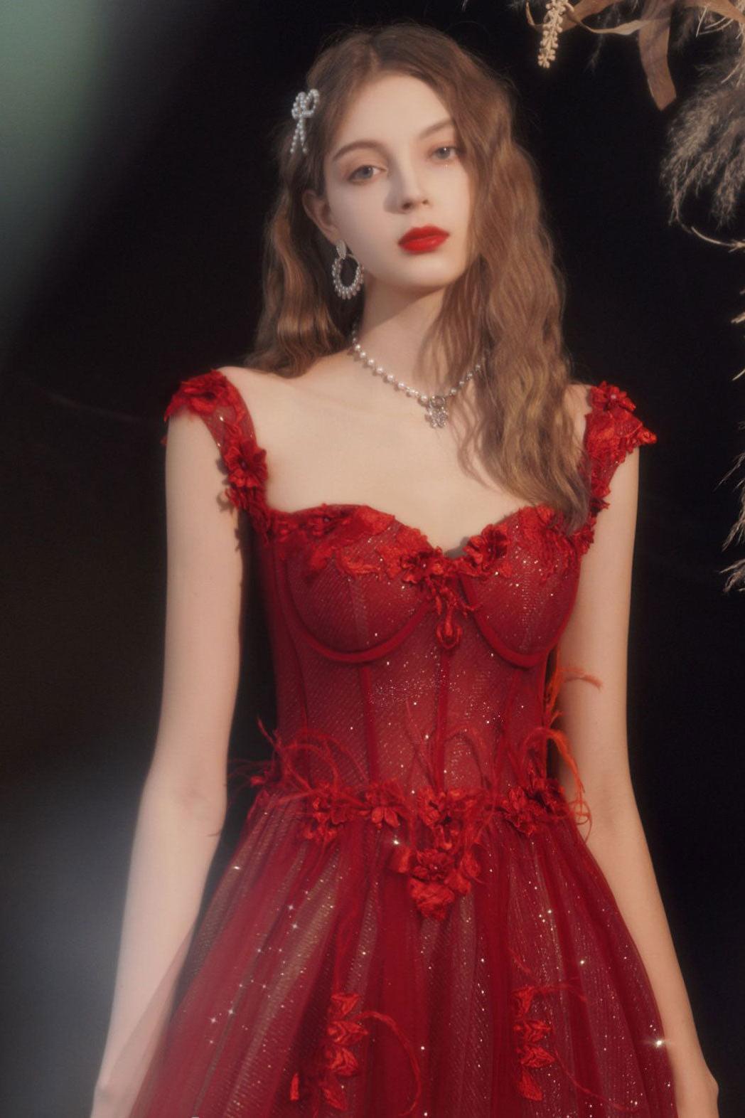 Burgundy Prom Dress A Line Tulle Long Evening Gown Evening Dress