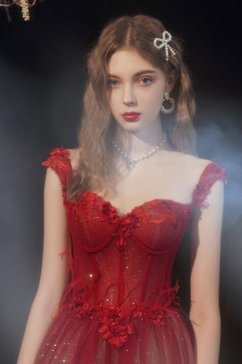 Burgundy Prom Dress A Line Tulle Long Evening Gown Evening Dress