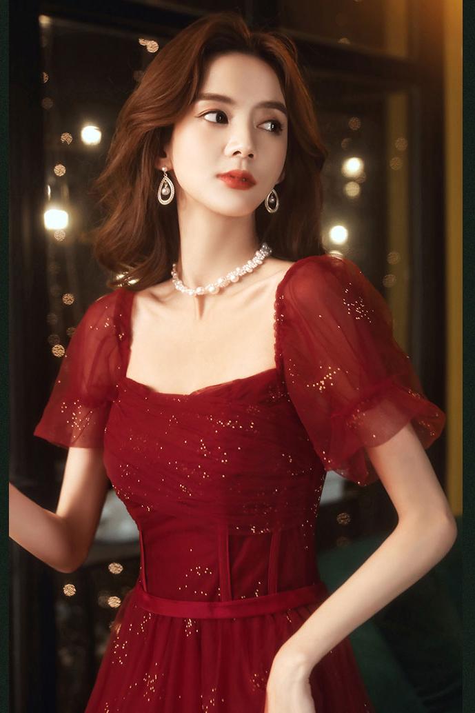 Burgundy Prom Dress A Line Tulle Sequin Long Formal Dress Evening Dress