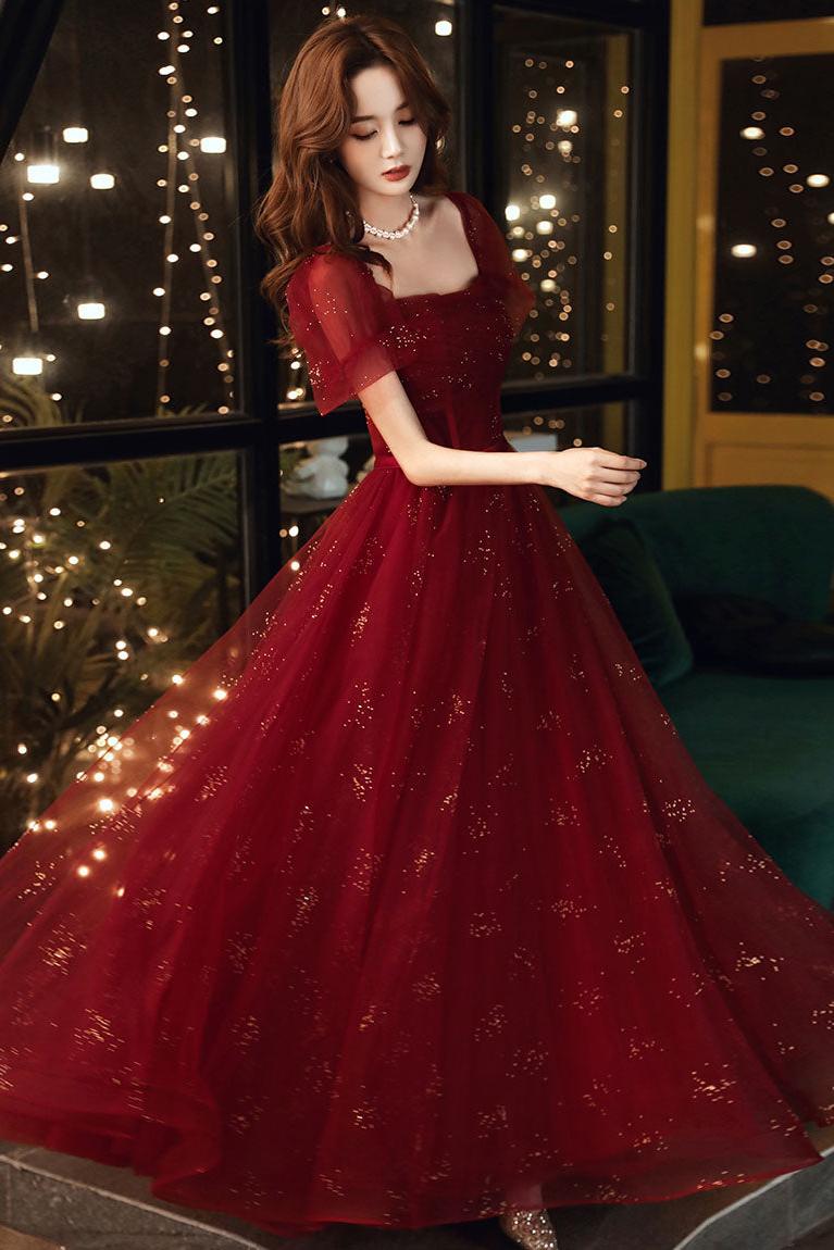 Burgundy Prom Dress A Line Tulle Sequin Long Formal Dress Evening Dress