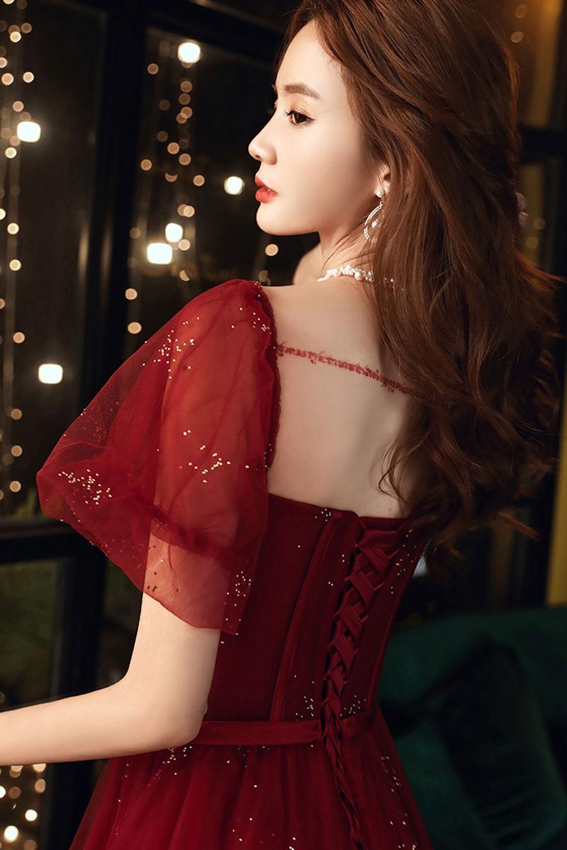 Burgundy Prom Dress A Line Tulle Sequin Long Formal Dress Evening Dress