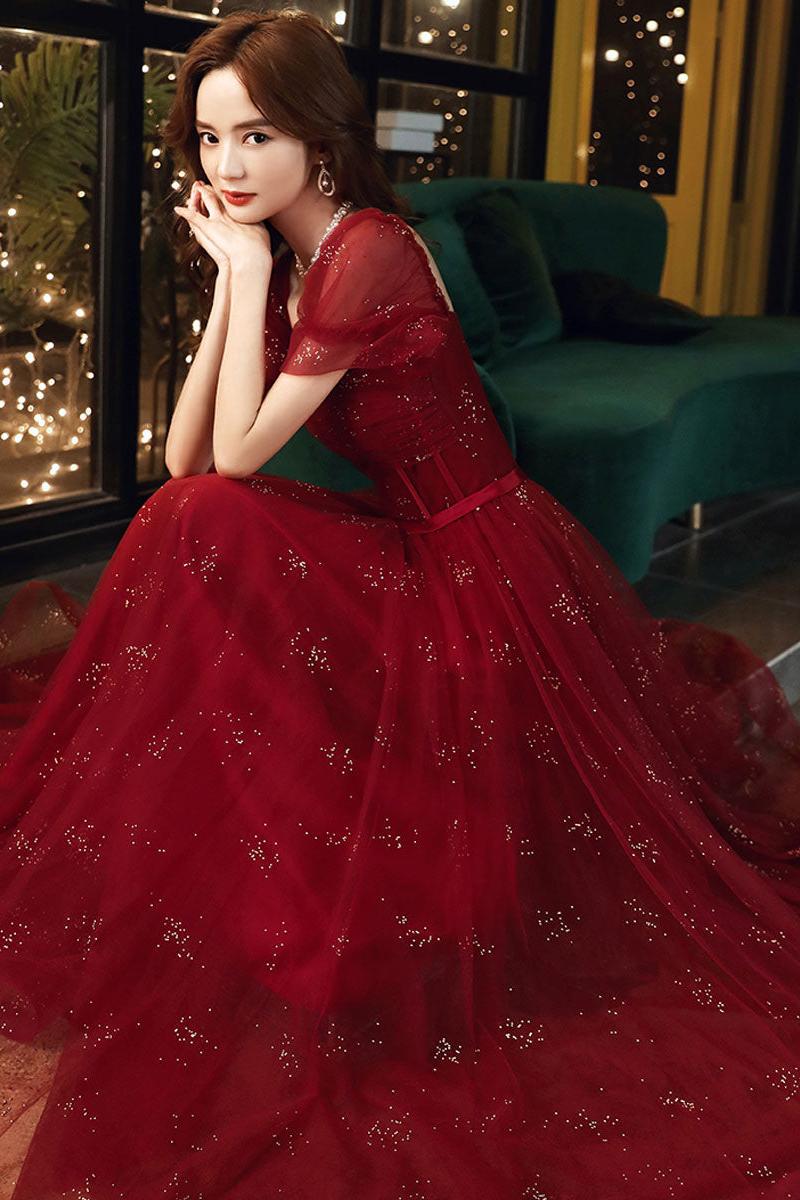 Burgundy Prom Dress A Line Tulle Sequin Long Formal Dress Evening Dress